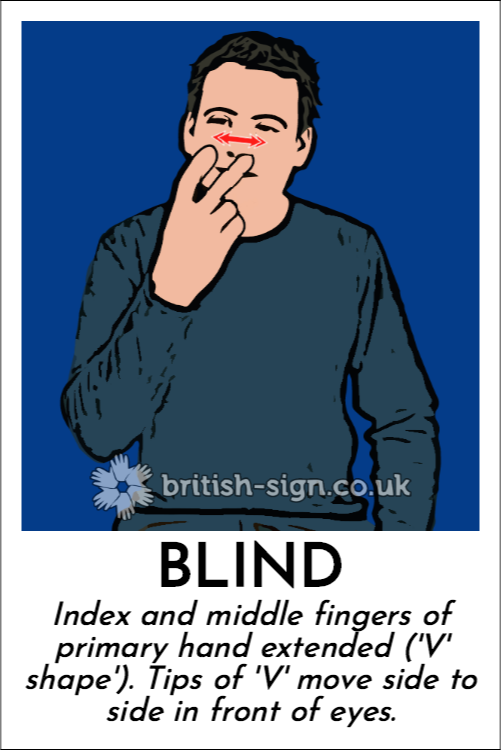 Blind: Index and middle fingers of primary hand extended ('V' shape').  Tips of 'V' move side to side in front of eyes.